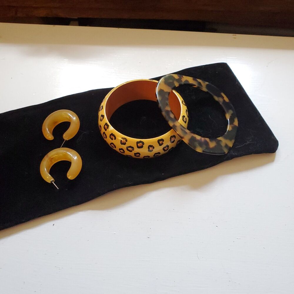 Vintage Leopard Animal Print Bracelets & Earrings, Painted Wood & Lucite